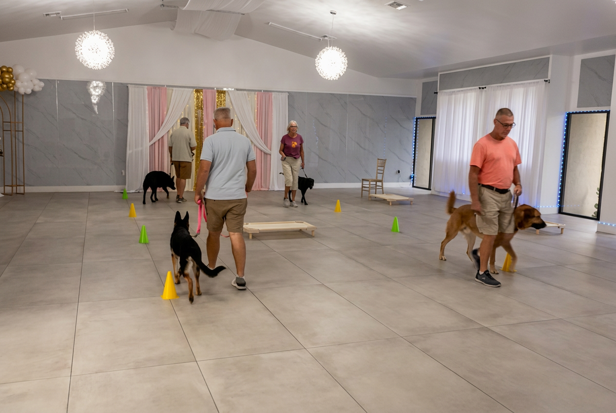 Canine Good Citizen group class with dogs and handlers training together