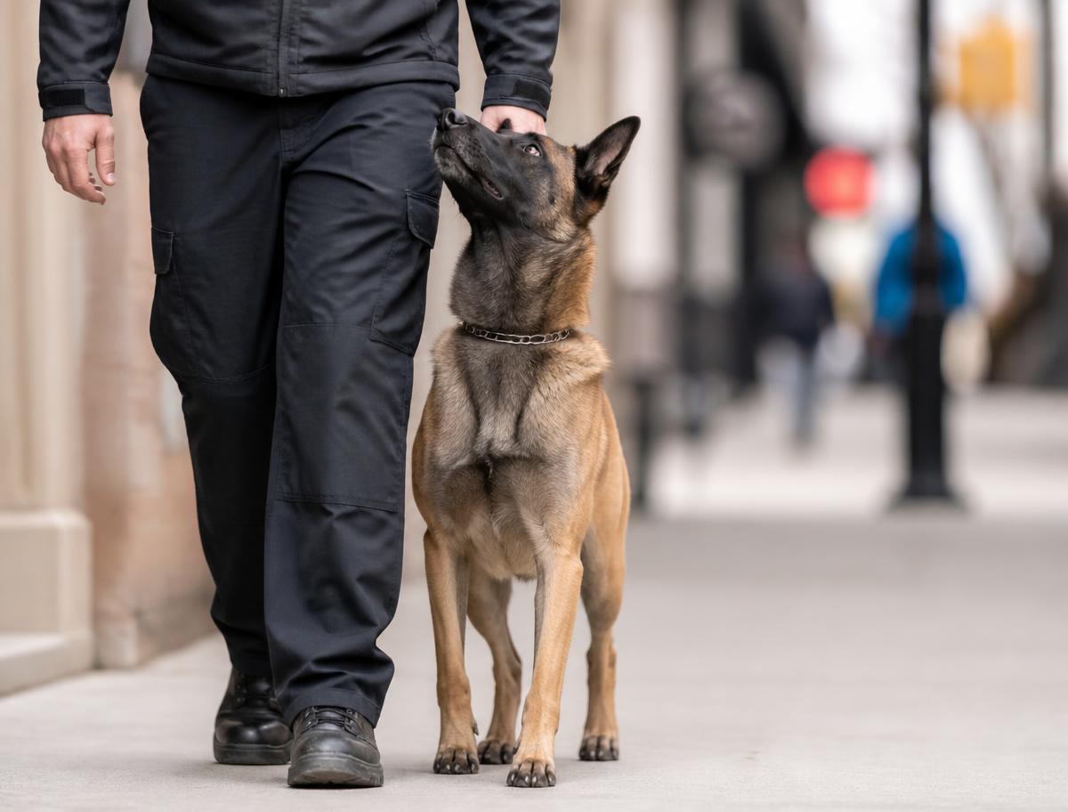 Dog holding a heel position beside its handler on a sidewalk